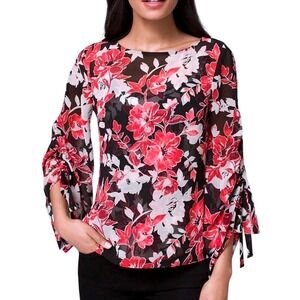 White‎ House Black Market Romantic Floral Blouse Tie Sleeve Boho Sheer Top 10P